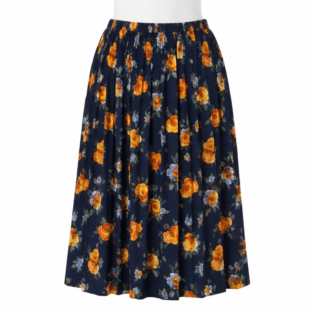 Size L Vintage Carroll Reed Women’s Navy Floral Pleated Midi Skirt